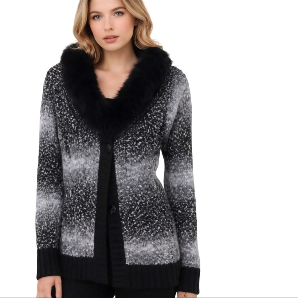Alberto Makali Vintage Amazing Black Ombre Fox Fur Trim Cardigan Sweater Size S